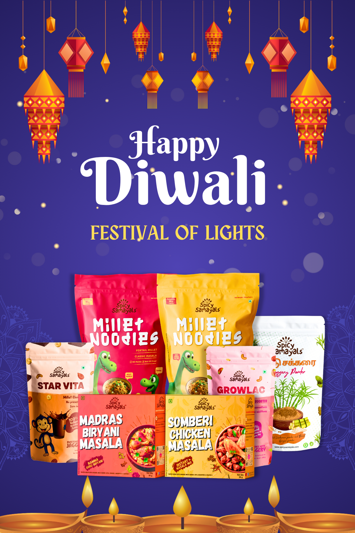 999 Diwali Combo offer - [Star vita (250g), Growlac (250g), Multi Millet Noodles(1), Foxtail Millet Noodles (1), Somberi Chicken Masala(1), Madras Biryani Masala(1), Nattu sakkarai (500g)]